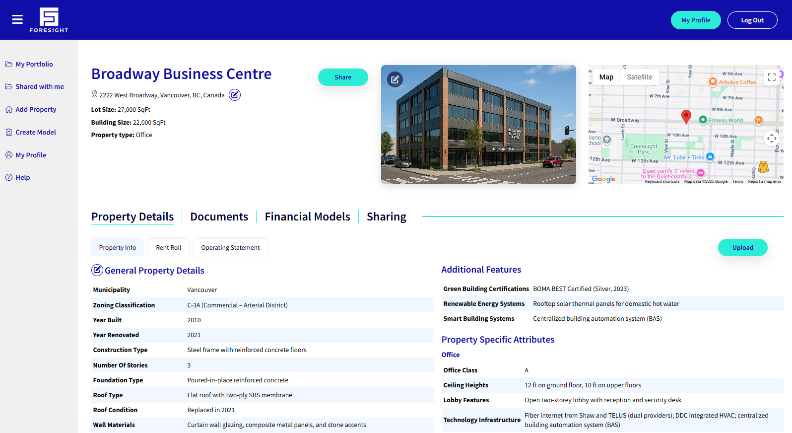 Foresight commercial real estate software dashboard preview shown on the contact page