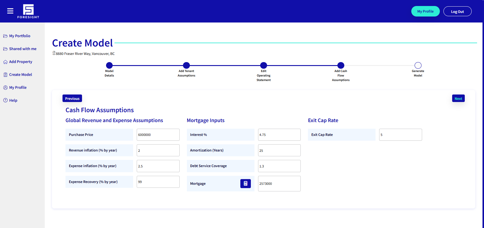 Foresight real estate deal analyzer showing AI-extracted rent roll and NOI fields from a commercial property's source documents, with cap rate inferred from underwriting